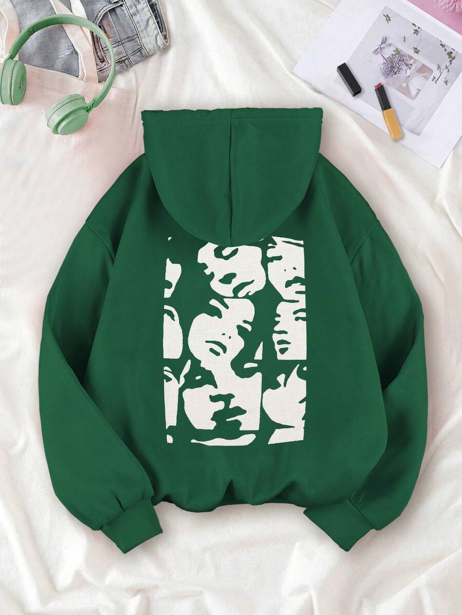 SHEIN EZwear 臉部印花連帽衫 - 墨綠色 - 查看 1