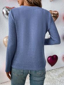 SHEIN LUNE Women's Solid Color Knitted T-shirt With Row Button And Ribbed Hem - Blue - View 2