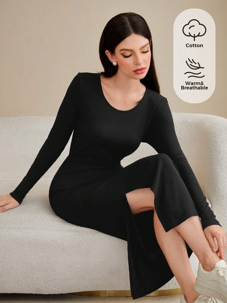 Seusyu Vestido unicolor de muslo con abertura - Negro - Ver 1