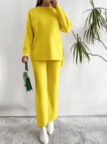 EURMUSE 女款純色落肩毛衣針織褲套裝 - 芥末黃 - 查看 3