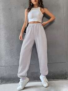 SHEIN Essnce Xám Viền kéo ra Quần Chạy bộ - trắng - Xem 3