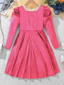 SHEIN Girls' Lace Trim Velvet Puff Long Sleeve Dress - Hot Pink - View 2
