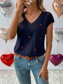 SHEIN LUNE Valentine's Day All Over Heart Embroidered V-Neck T-Shirt