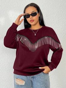 Flirla 女款大尺碼水鑽裝飾流蘇運動衫 - 酒紅色 - 查看 3