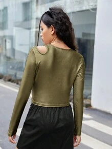 Teen Girls' Knitted Elasticity Pu Leather Shoulder Cutout Long Sleeve Sports T-shirt