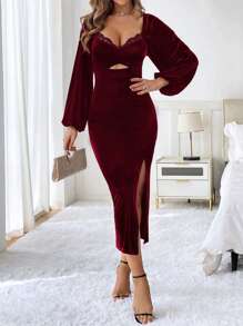 SHEIN Privé 女款純色蕾絲塊燈籠袖鏤空高開叉洋裝 - 酒紅色 - 查看 4