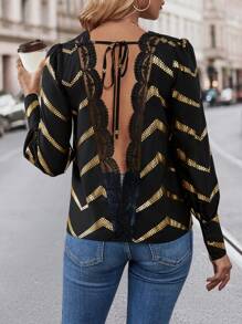 SHEIN Privé Print Lantern Sleeve Blouse - Black - View 2