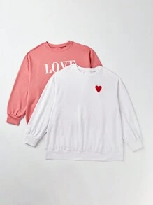 SHEIN EZwear 大尺碼2入組情人節愛心印花連帽衛衣 - 彩色 - 查看 4