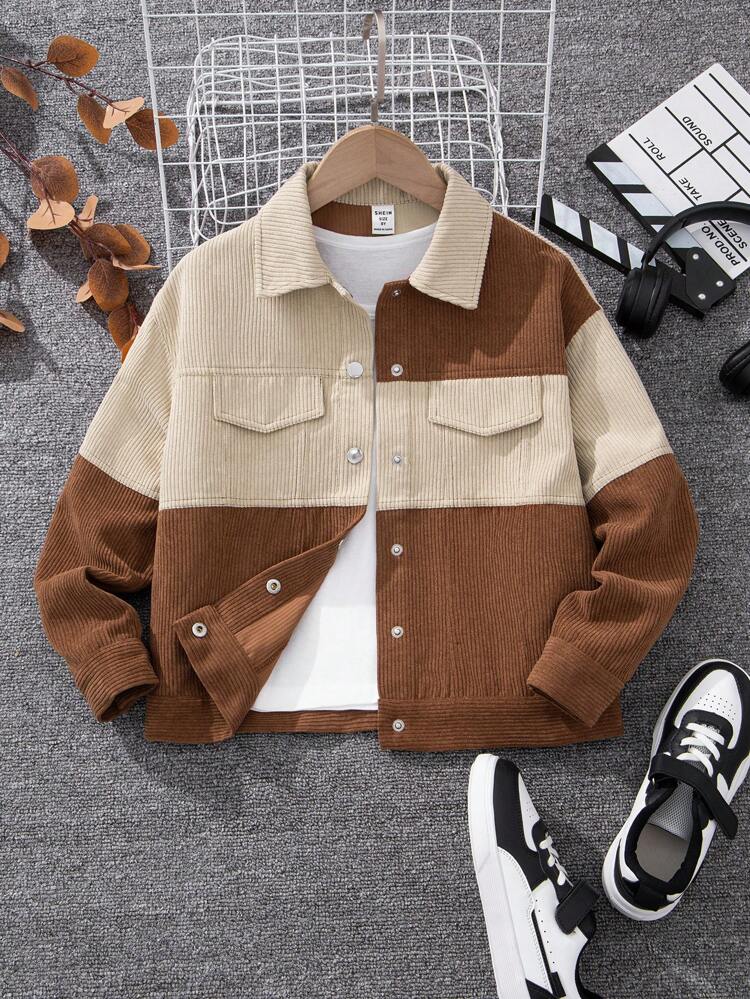 Tween Girl Two Tone Flap Detail Corduroy Coat