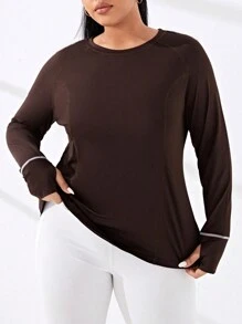 Street Sport Plus Contrast Top-stitching Raglan Sleeve Sports Tee - Coffee Brown - View 1