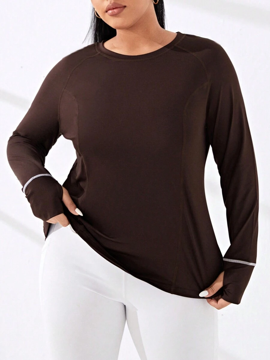 Street Sport Plus Contrast Top-stitching Raglan Sleeve Sports Tee - Coffee Brown - View 1