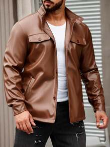 Manfinity Homme 純色立領皮夾克 - 棕色 - 查看 3