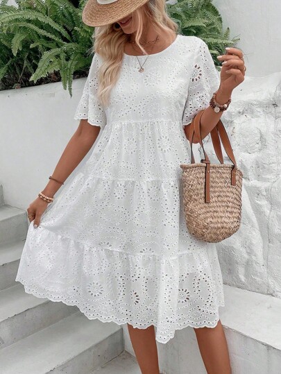 EMERY ROSE Eyelet Embroidery Ruffle Hem Dress Without Belt