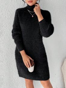 SHEIN Frenchy Quý cô Chất rắn Có màu sắc Cổ cao Sang trọng Đầm Áo len - màu đen - Xem 1