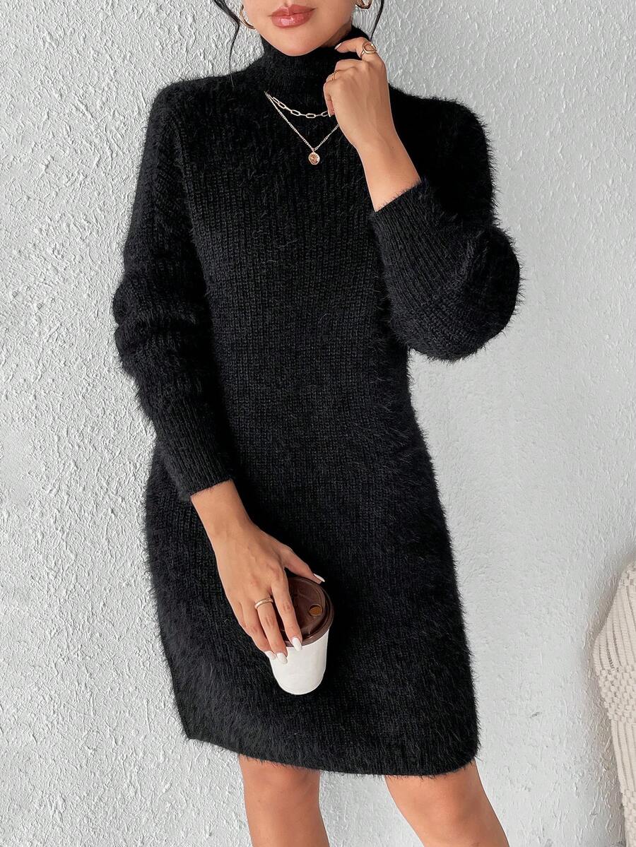 SHEIN Frenchy Quý cô Chất rắn Có màu sắc Cổ cao Sang trọng Đầm Áo len - màu đen - Xem 1