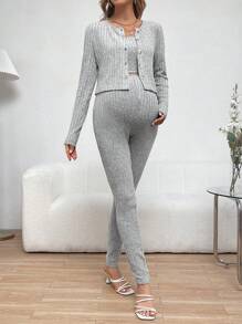 SHEIN 孕婦鈕扣前裝飾上衣,肋結束緊身衣和褲子3件套裝