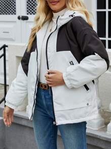 SHEIN LUNE Abrigo acolchado con bloque de color, hombros caídos, cordón ajustable y capucha, ropa de invierno - Blanco - Ver 3