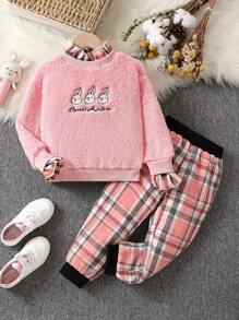 SHEIN Lässiges Und Warmes 2-teiliges Set Mit Plüschhasen-design Für Kleinkinder Und Mädchen Für Herbst Und Winter