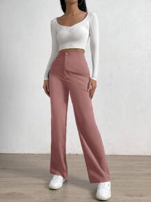 EURMUSE Pantalones De Vestir Con Detalle De Botones De Color Liso - Rosa - Ver 5
