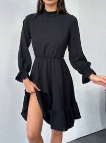 EURMUSE Của phụ nữ Ruffled Đứng cổ áo Đầm - màu đen - Xem 4