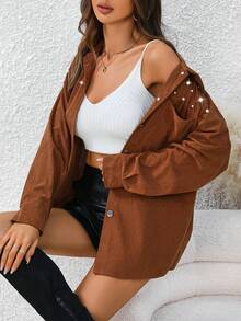 SHEIN LUNE 女式珍珠裝飾胸前口袋鈕扣襯衫 - 棕色 - 查看 6