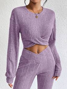 SHEIN Essnce 女用十字交叉下擺羅紋運動衫 - 淡紫色 - 查看 4