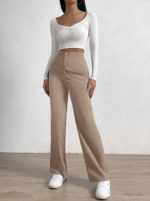 EURMUSE Pantalon De Costume Uni Avec Détails De Boutons - Nude - Voir 3