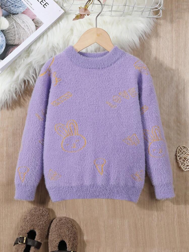Tween Girls Fluffy Round Neck Sweater With Rabbit & Letter Pattern