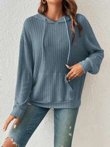 SHEIN Frenchy Dây rút áo có mũ Thả tay áo Áo nỉ - Màu xanh lam - Xem 6