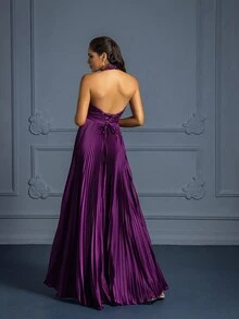 Purple Pleated Dress For Party & Evening - Purple - View 2