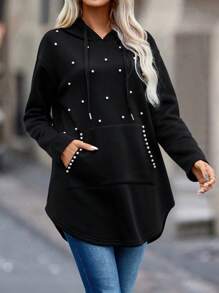 女款抽繩連帽運動衫,袋鼠口袋飾有飾釘 - 黑色 - 查看 6