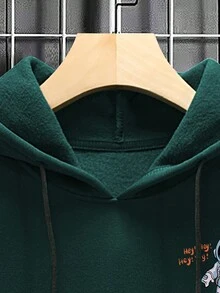 Manfinity Men Plus Astronaut & Slogan Graphic Kangaroo Pocket Drawstring Hoodie - Green - View 5