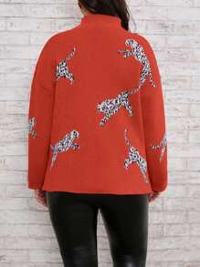 SHEIN LUNE Women's Plus Size Leopard Pattern Stand Collar Drop Shoulder High Slit Hem Sweater Knit Pullover Fall Winter Sweater - Orange - View 2