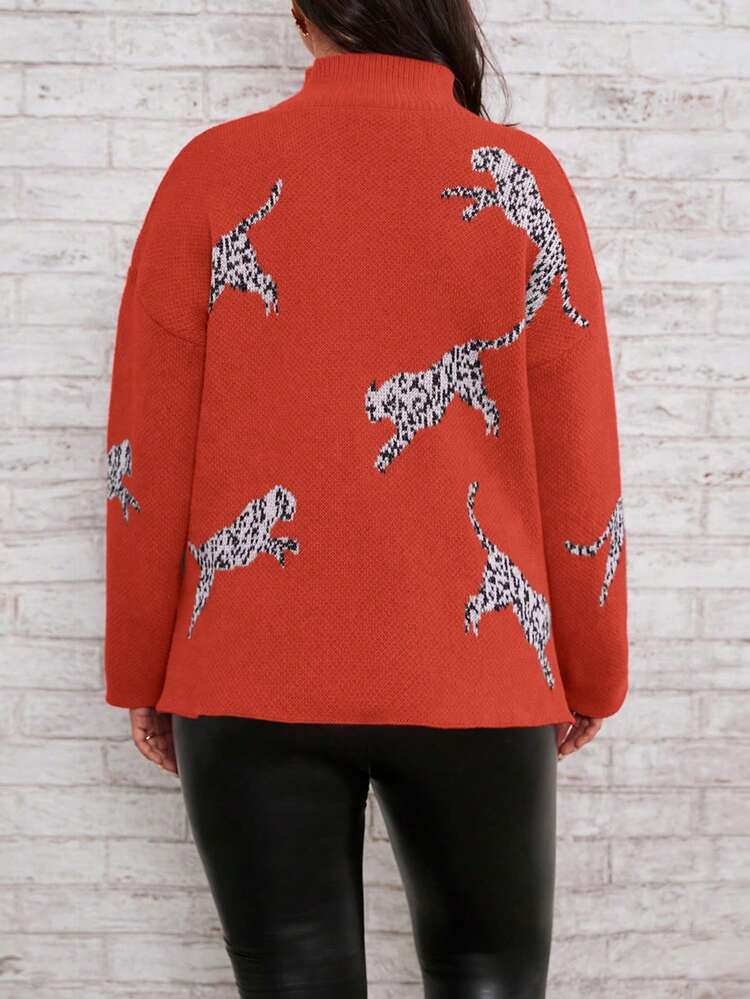Women's Plus Size Leopard Pattern Stand Collar Drop Shoulder High Slit Hem Sweater Knit Pullover Fall Winter Sweater
