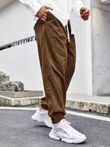 Manfinity Homme Pantalones Jogger De Pana Para Hombre De Ajuste Holgado - Marrón - Ver 4