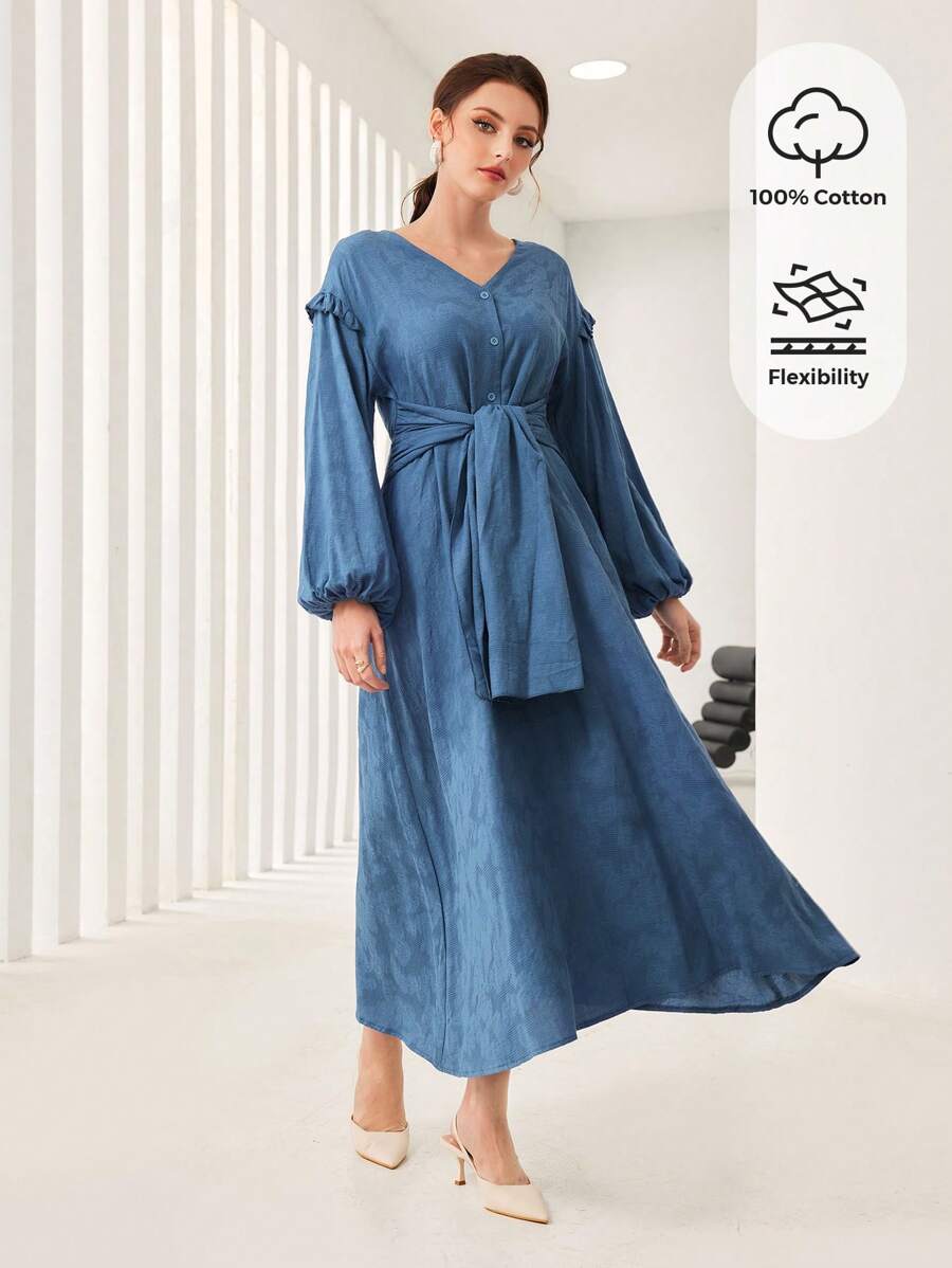 Seusyu 燈籠袖繫腰帶洋裝 - 藍色 - 查看 1