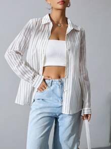 SHEIN Unity Striped Casual Shirt - Beige - View 1