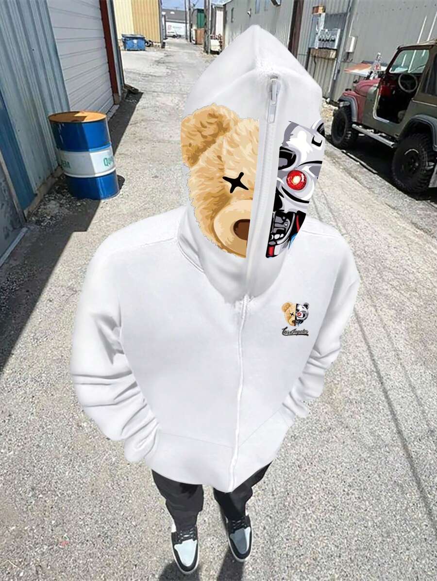 Manfinity Roghcode Loose Men's Cartoon Letter Printed Zip-Up Hoodie - White - View 1