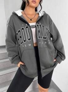 SHEIN EZwear 女裝大尺碼字母印花拉鍊連帽衛衣 - 深灰色 - 查看 3