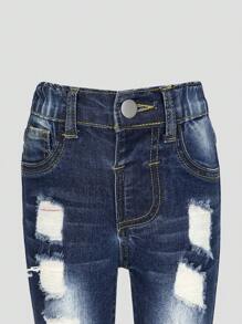 SHEIN Explorewe Young Girl Washed Ripped Stretchy Jeans - Medium Wash - View 3