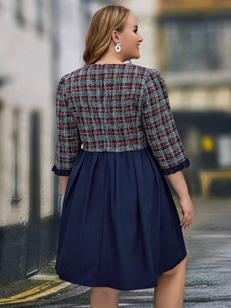 Plus Plaid Print Frill Trim Dress