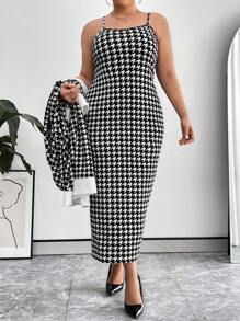 SHEIN Essnce Kích thước lớn Của phụ nữ Họa tiết Nanh sói Nút Lên áo Và Váy Dây Bộ - Đen và trắng - Xem 4