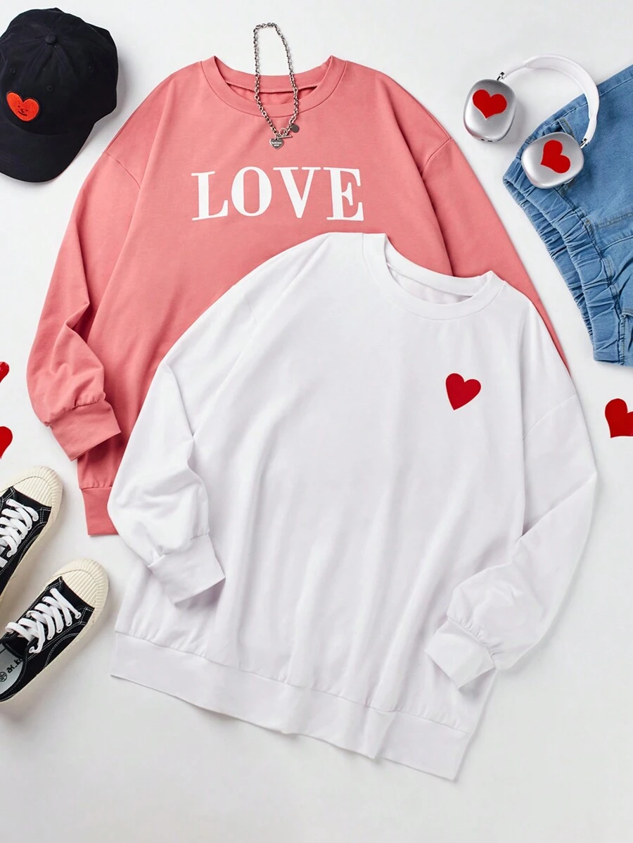SHEIN EZwear 大尺碼2入組情人節愛心印花連帽衛衣 - 彩色 - 查看 1