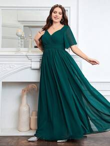 Plus Size Women V-Neck Pleated Chiffon Formal Dress - Dark Green - View 5
