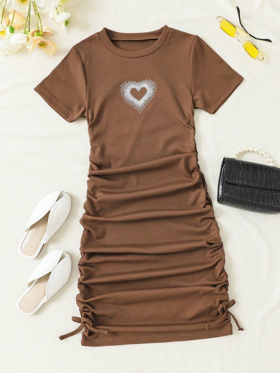 女孩愛心圖案側邊蝴蝶結褶邊連衣裙 - 棕色 - 查看 1