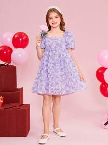 SHEIN 青少女用編織3D花卉方領蓬蓬袖洋裝 - 淡紫色 - 查看 5