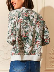 SHEIN Frenchy Women's Plant Print Baseball Collar Jacket - White - View 6