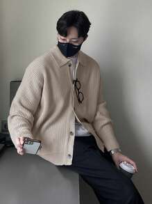 DAZY Men's Lapel Button-Front Collared Cardigan Jacket Fall,Winter - Khaki - View 3