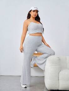 SHEIN EZwear 大尺碼女士灰色針織肋紋背心和長褲套裝 - 淺灰色 - 查看 5