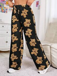SHEIN Qutie Pantalones Rectos Con Patrón De Osos Cariñosos - Negro - Ver 5